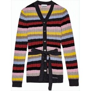 Ganni Ribbed Knit Cardigan With Horizontal Stripes And Matching Belt - NWT